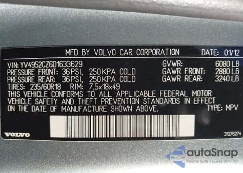 2013 Volvo Xc90 3.2/3.2 Platinum/3.2 Premier Plus z USA, uszkodzony, nr VIN YV4952CZ6D1633629